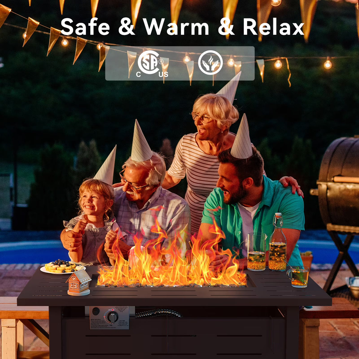 LazySunsets 42" Rectangle Propane Fire Pit Table – 50,000 BTU Outdoor Patio Heater with Removable Lid, Waterproof Cover & Lava Rocks, Brown