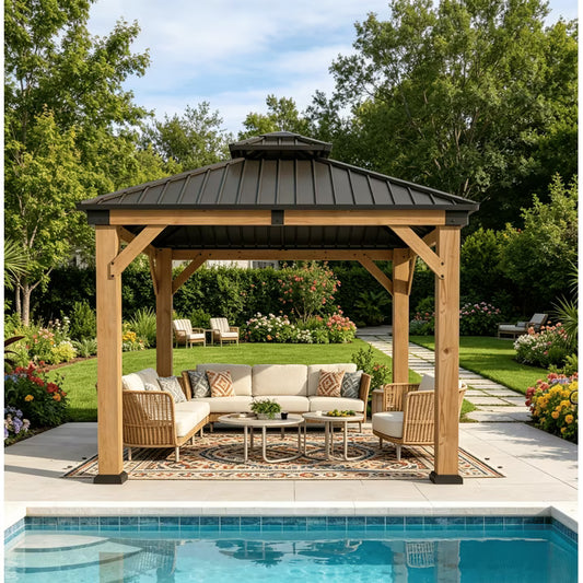 Clouddwell 10' × 10' Cedar Wood Hardtop Gazebo with Ventilated Double-Tier Metal Roof for Outdoor Patio & Backyard