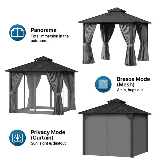 Sunmthink 10' x 10' Hardtop Gazebo with Mosquite Netting, Double Metal Roof for Lawn and Garden, Gray