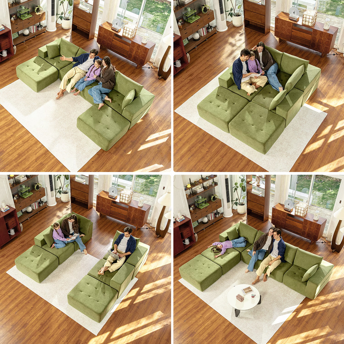LazySunsets Modular Sectional Boneless Couch, Chenille Tufted Sectional Couches for Living Room, No Assembly U Shape Cloud Sofa with Throw Pillows & Storage Side Pocket (Green)