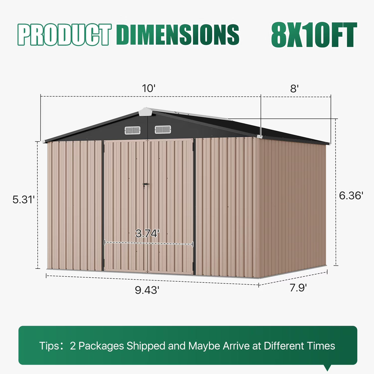 LazySunsets 10 x 8FT Shed Outdoor Storage Shed with Double Door, Large Metal Shed with Lockable Door & Sloped Roof for Garden, Backyard, Patio and Backyard, Brown