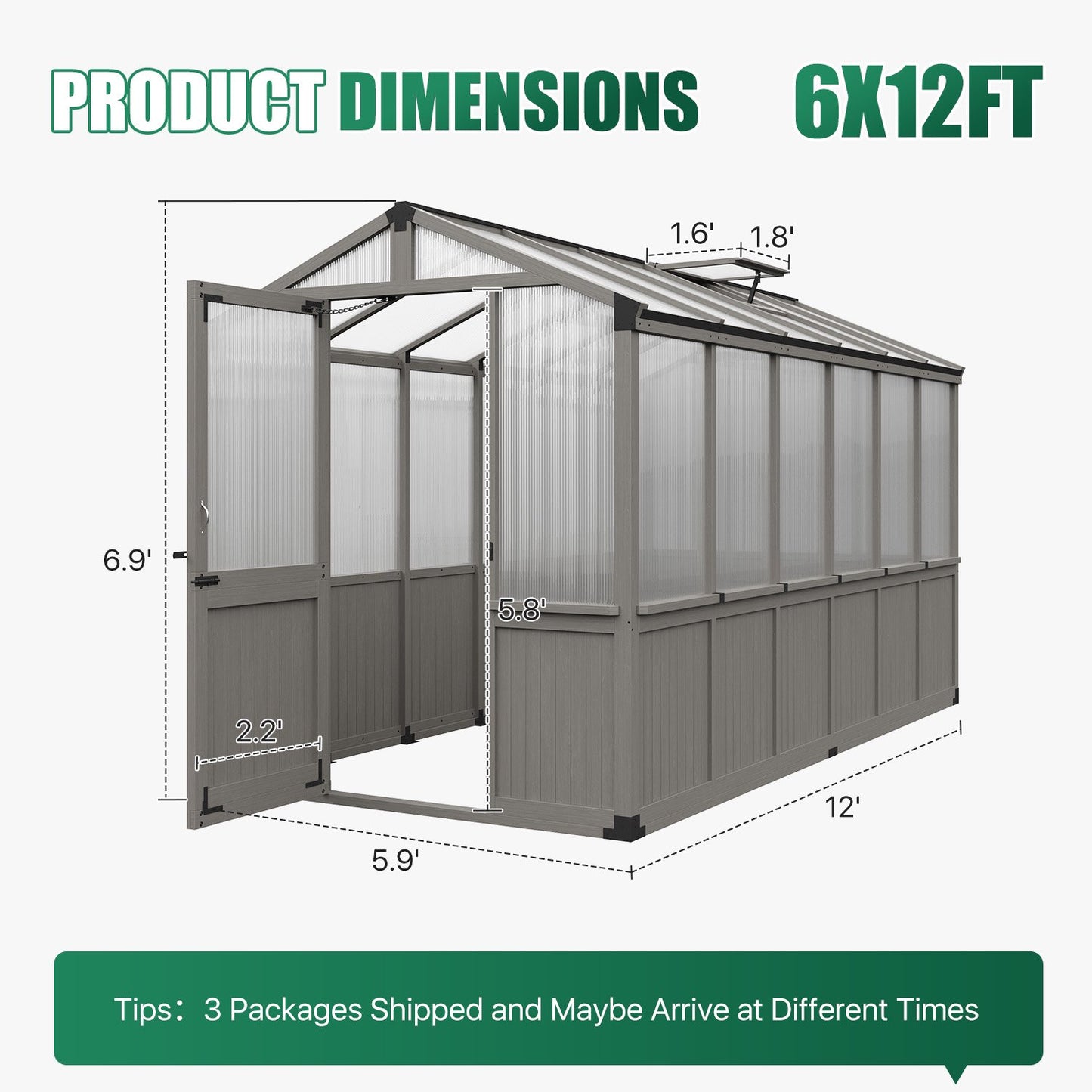 Clouddwell Large Outdoor Wooden Storage Shed, Polycarbonate Panels with Automatic Roof Vent & Lockable Door, Outdoor Walk-in Garden Greenhouse, 6x12 FT, Gray