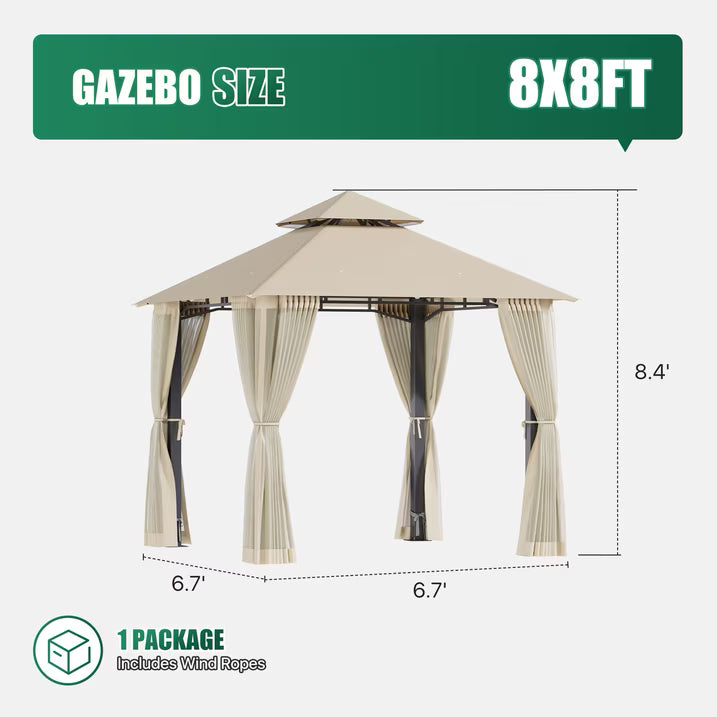 LazySunsets 8'x 8' Patio Gazebo Double Roof Protection All-Weather Outdoor Shelter Features Insect Screens for Backyard, Lawn, (Beige)