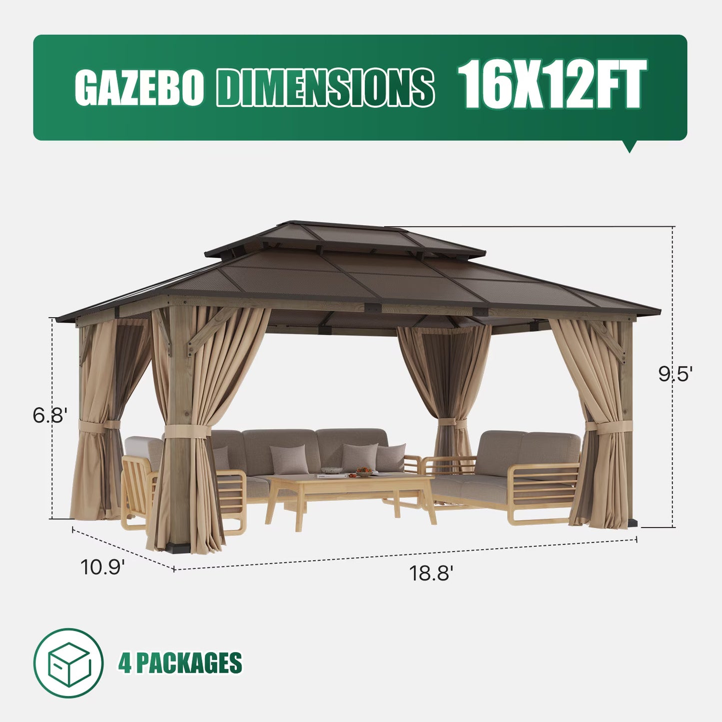 Clouddwell 16'*12' Wood Gazebo,with Double-Layer Galvanized Steel Roof,Suitable for Backyard,Desk,and Lawn
