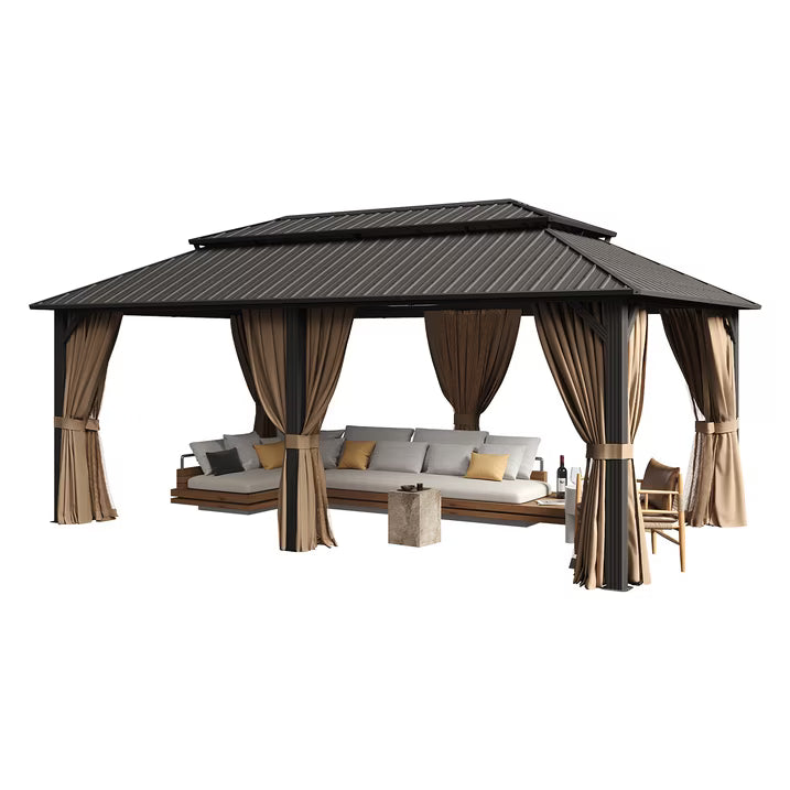 Clouddwell 20' x 12' Gazebo for Patio, Gazebo Pergola with Sloped Roof, Large Wall-Mounted Heavy Duty Awnings, for Deck, Patio and Backyard,Brown
