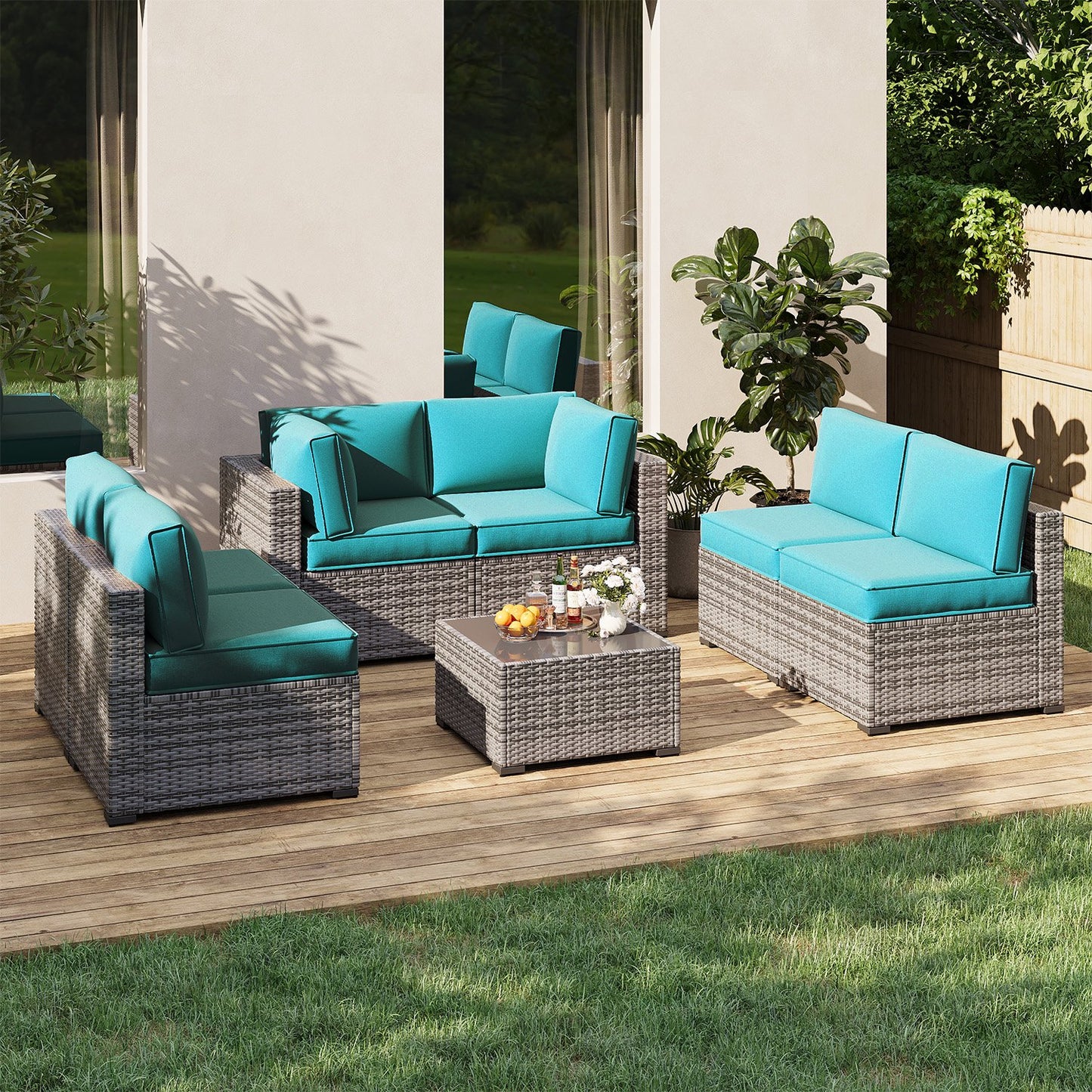 Clouddwell 14-Piece Premium Outdoor Cushion Set, High-Resilience Waterproof Cushions for 6-Seat Wicker Sectional, Comfort Upgrade (Sky Blue)