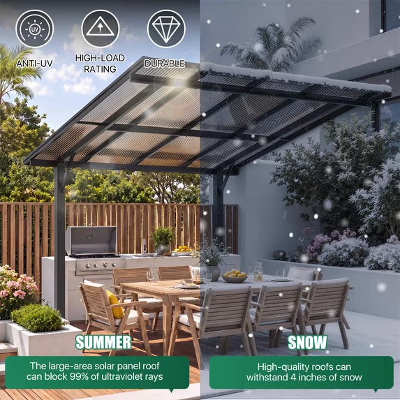Clouddwell 10' x 8' Gazebo for Patio, Hard Top Lean to Gazebo Pergola Carport, Freestanding Shelter Pergolas and Gazebos Clearance with Patio Roof, Wall-Mounted Heavy Duty Awnings for Patio, Decks
