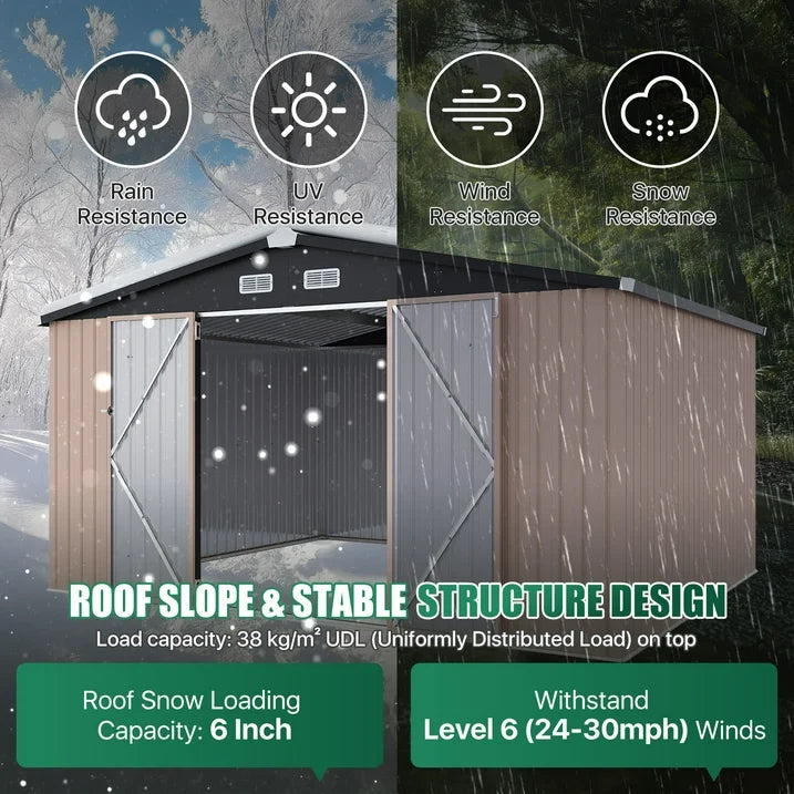 Clouddwell 12x10 ft. Metal Storage Shed, Waterproof Steel Garden Shed with Lock, Brown
