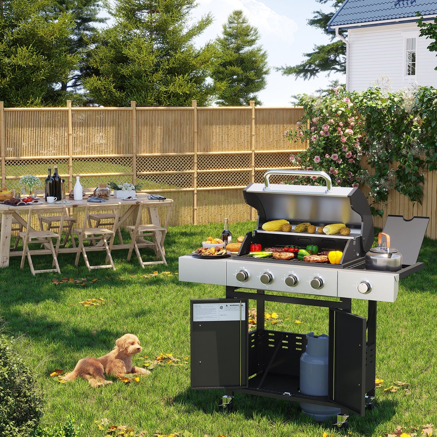 Sunmthink 4 Burner Propane Gas Grill, Stainless Steel, Built-in Thermometer, 4 Swivel Casters, and Side Table, Suitable for Camping, Outdoor Cooking, Patio, and Garden