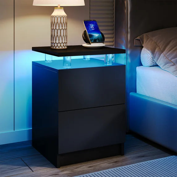Sonegra Nightstand Set of 2 with Charging Station, LED End Table with 2 Storage Drawers, Sofa Side Table for Living Room and Bedroom, Black 15IN