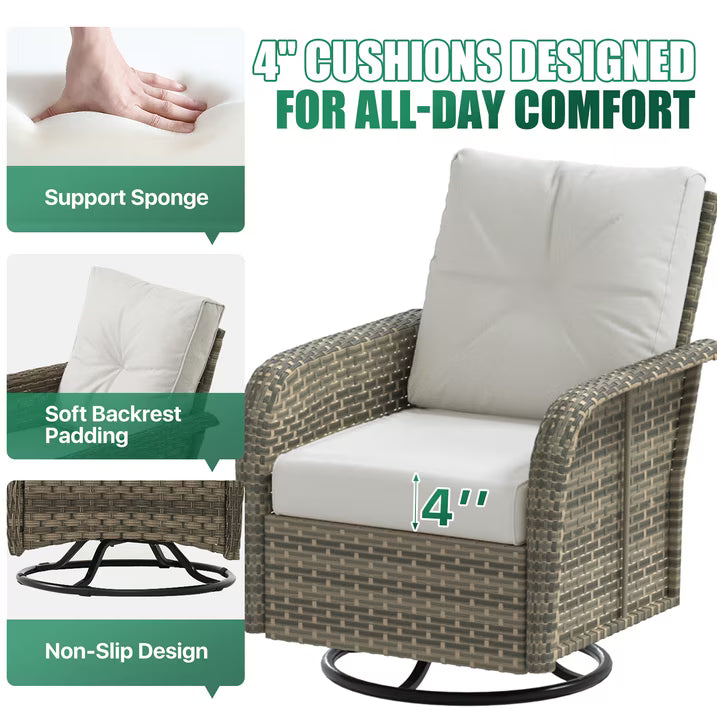 Sunmthink 7-Piece Patio Furniture Set, High Back Swivel Rocker Chairs with Thick Cushions, Wicker Rattan Outdoor Sectional Sofa with Fire Pit & Ottoman, Gray