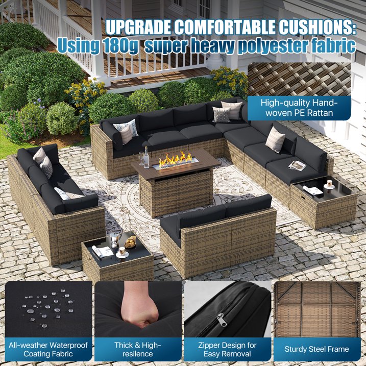 Sunmthink Patio Furniture Sets, 15-Piece Outdoor Patio Furniture with 44'' Propane Gas Firepit Table, Wicker Outdoor Conversation Set and Waterproof Cover for Backyard, Poolside, Garden