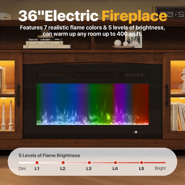 Sonegra Fireplace TV Stand with Glass Door for TVs up to 80", 70" Entertainment Center with Fireplace, Media Console for Living Room, Brown