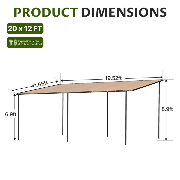 Dateyes 20'x12' Wall-Mounted Metal Gazebo , Water-Resistant Khaki Canopy with UV Protection for Patio & Garden