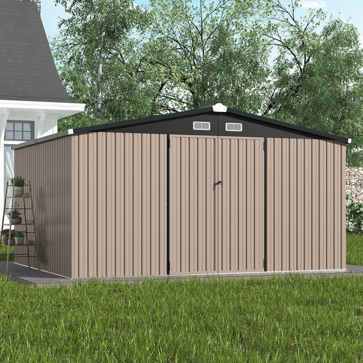 Clouddwell 11.5x9.4ft Galvanized Steel Storage Shed with Floor & Double Doors - Brown