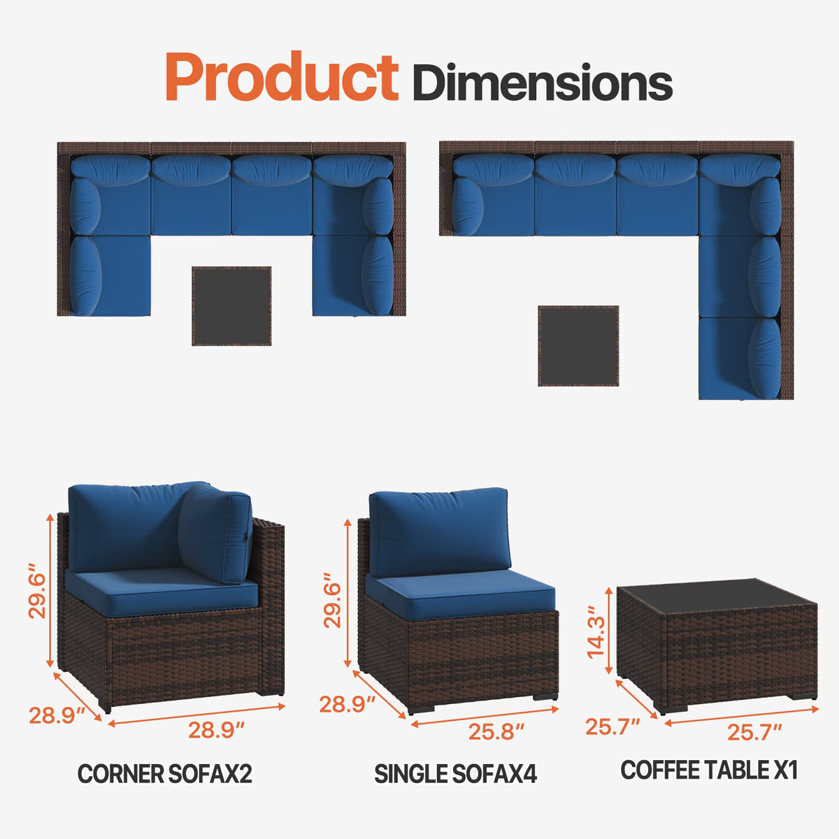 Dateyes 7-Piece Outdoor Patio Sectional Sofa Set, All-Weather Wicker Rattan Furniture with Coffee Table (Blue)