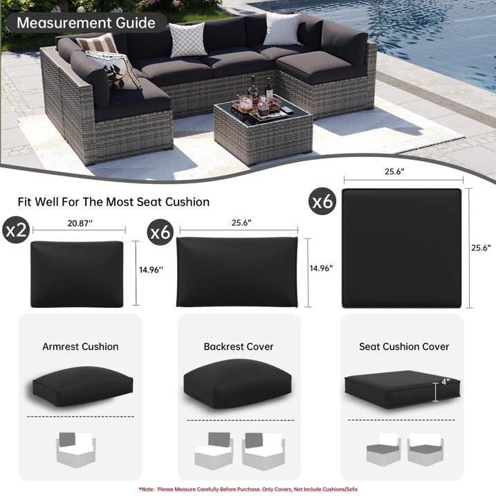 Clouddwell 14-Piece Outdoor Cushion Covers Replacement for 6-Seat Wicker Sectional-Waterproof, Non-Slip Bottom (Black)