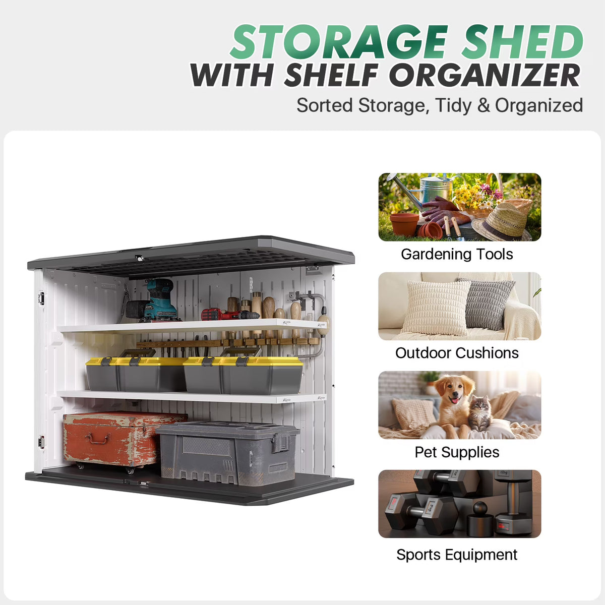 Dateyes 35 Cu.Ft Resin Outdoor Storage Shed, Waterproof Patio Storage Sheds with Floor, Weather-Resistant Vertical Outdoor Storage Cabinet (White with Shelf)