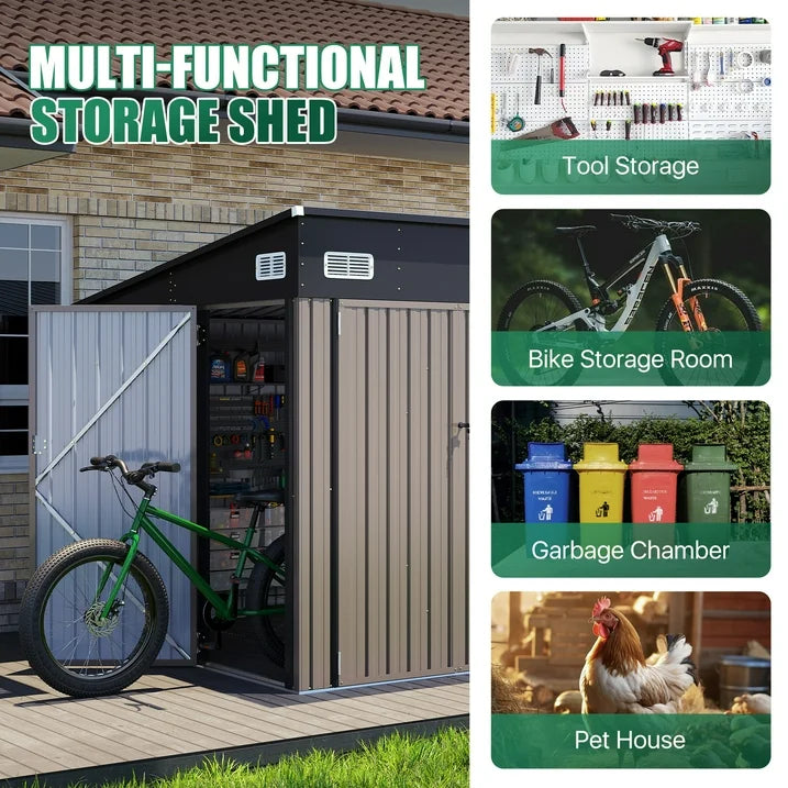 Clouddwell 12ft x 8ft Heavy-Duty Metal Storage Shed with 3 Doors, Lockable Lean-To Design, Weatherproof for Garden & Tools (Brown)