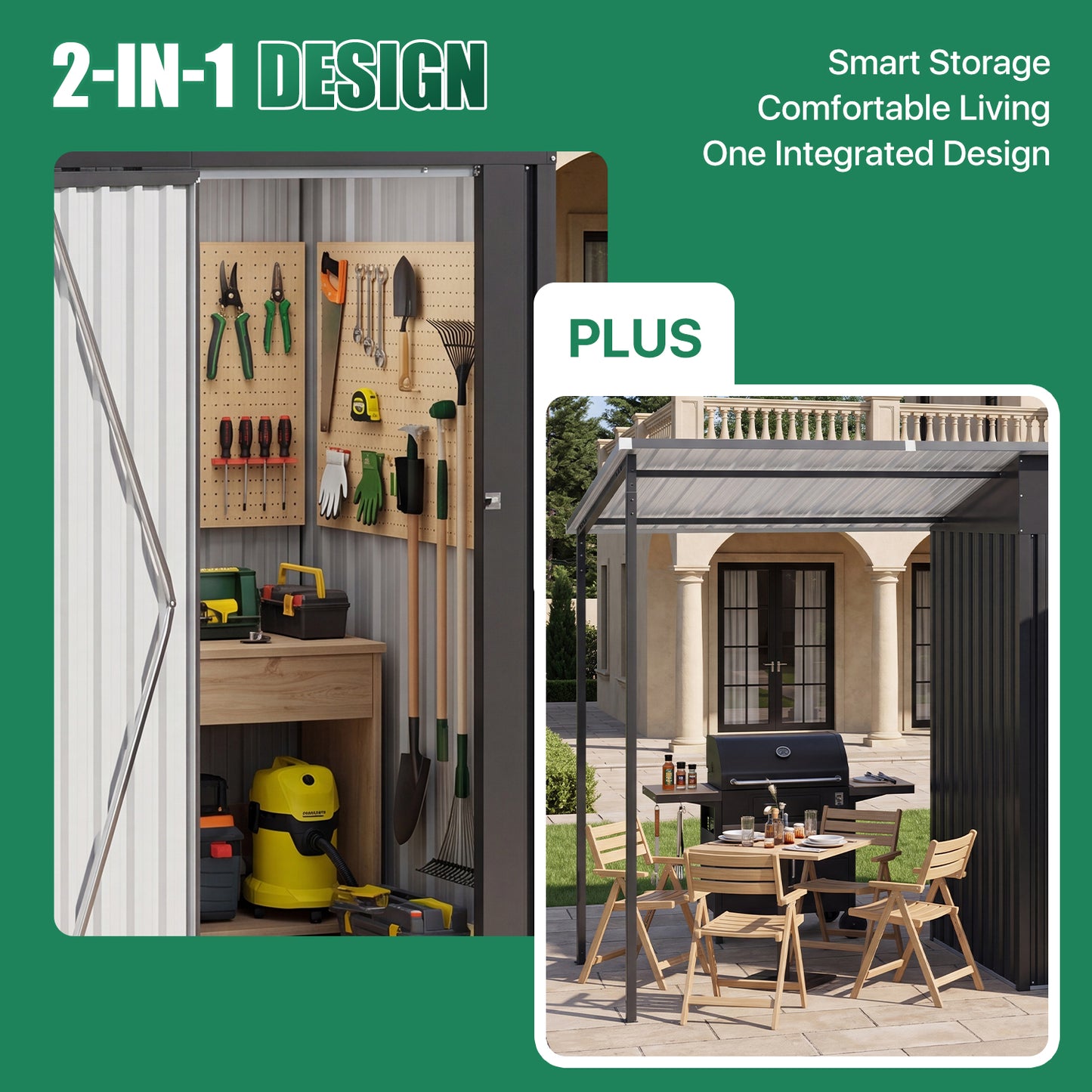 Clouddwell Metal Storage Shed with Hardtop Pergola 10x3 ft 2-in-1, 5x3 ft Outdoor Tool Shed with 5x3 ft Attached Pergola for Backyard