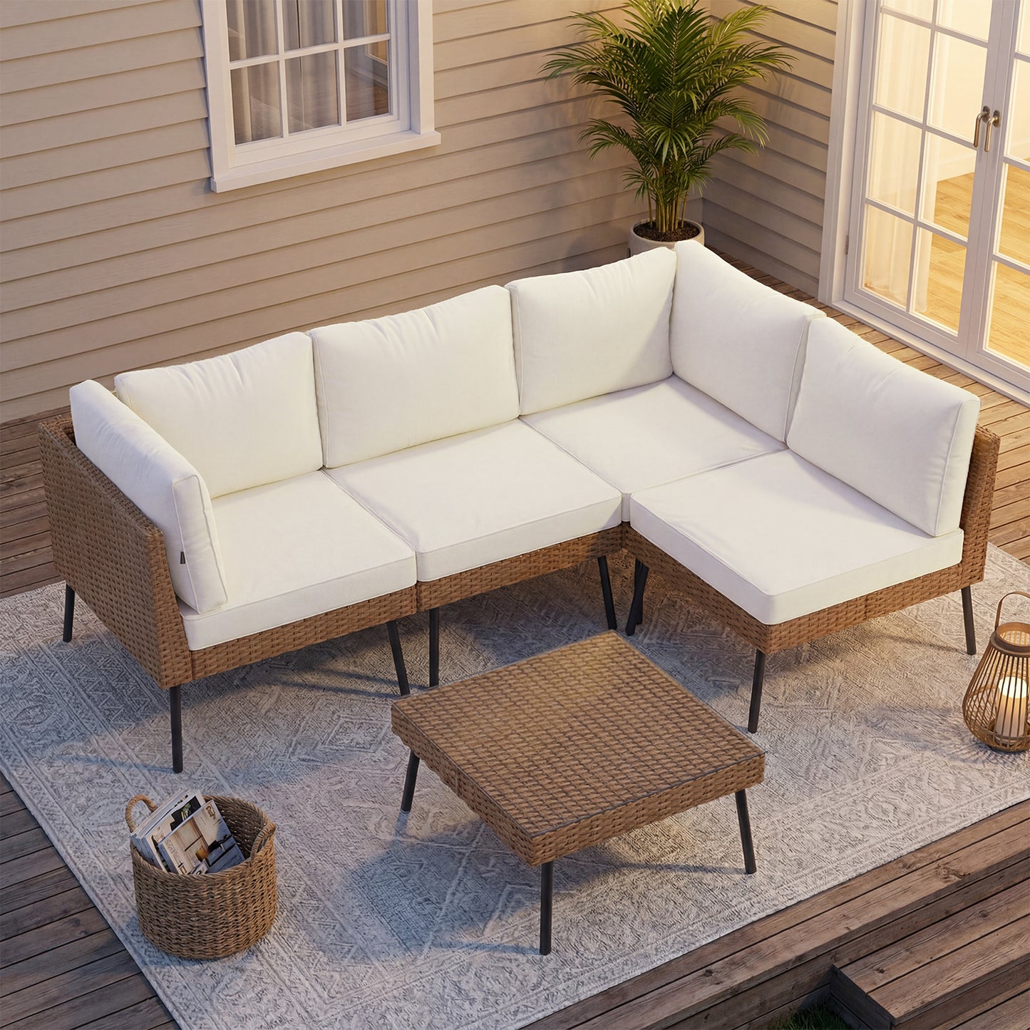 Clouddwell 5-Piece Patio Furniture Set, Wicker Outdoor Furniture with Water Resistant Thick Cushions, Patio Conversation Set Outdoor Sectional Sofa with Coffee Table for Backyard Poolside, Beige