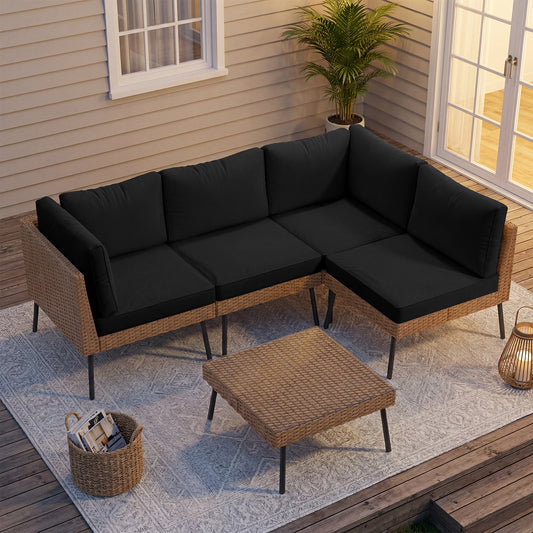 Clouddwell 5-Piece Patio Furniture Set, Wicker Outdoor Furniture with Water Resistant Thick Cushions, Patio Conversation Set Outdoor Sectional Sofa with Coffee Table for Backyard Poolside, Black