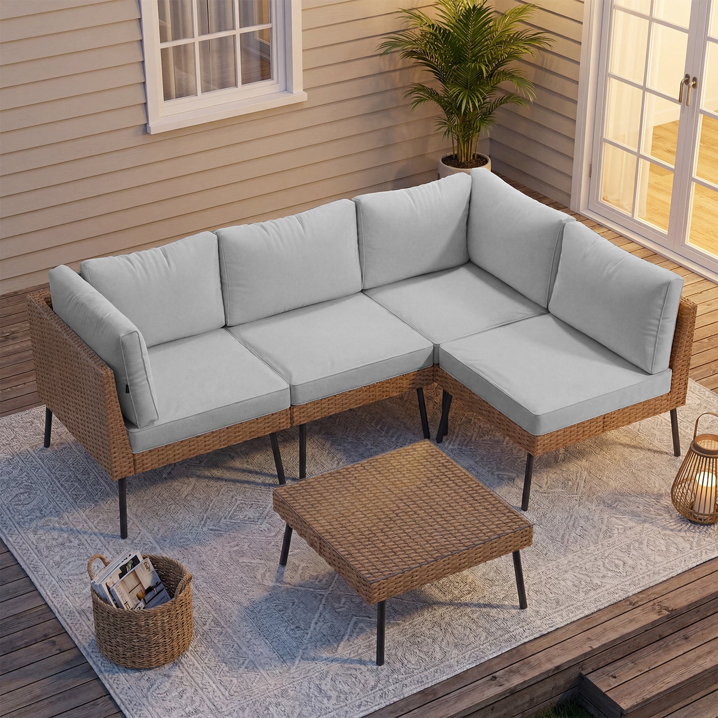 Clouddwell 5-Piece Patio Furniture Set, Wicker Outdoor Furniture with Water Resistant Thick Cushions, Patio Conversation Set Outdoor Sectional Sofa with Coffee Table for Backyard Poolside, Light Gray