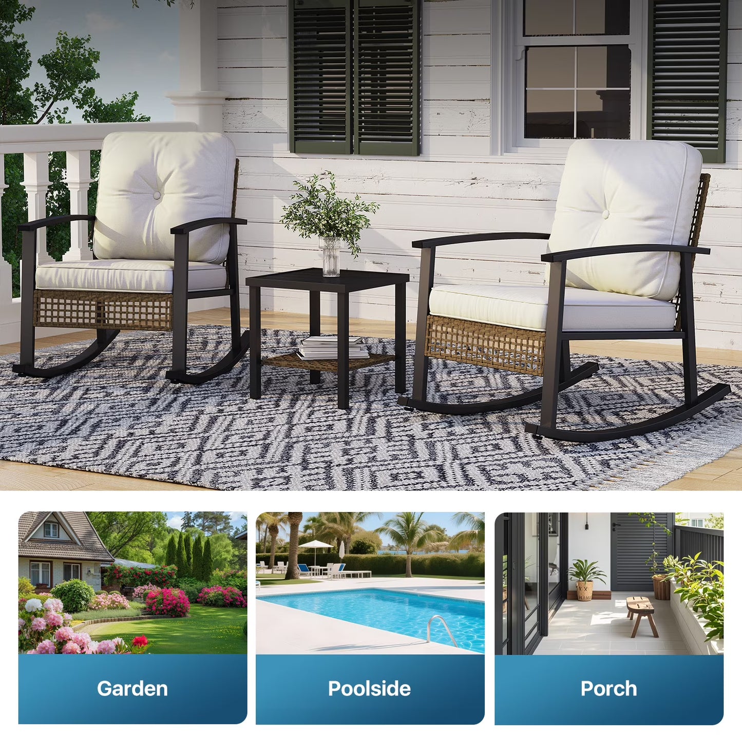 Sunmthink Outdoor 3-Piece Patio Set with Rocking Chairs & Table - Includes Comfort Cushions, Perfect for Garden, Balcony, Backyard or Poolside (White)