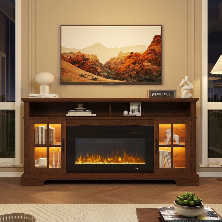 Sonegra Fireplace TV Stand with Glass Door for TVs up to 80", 70" Entertainment Center with Fireplace, Media Console for Living Room, Brown