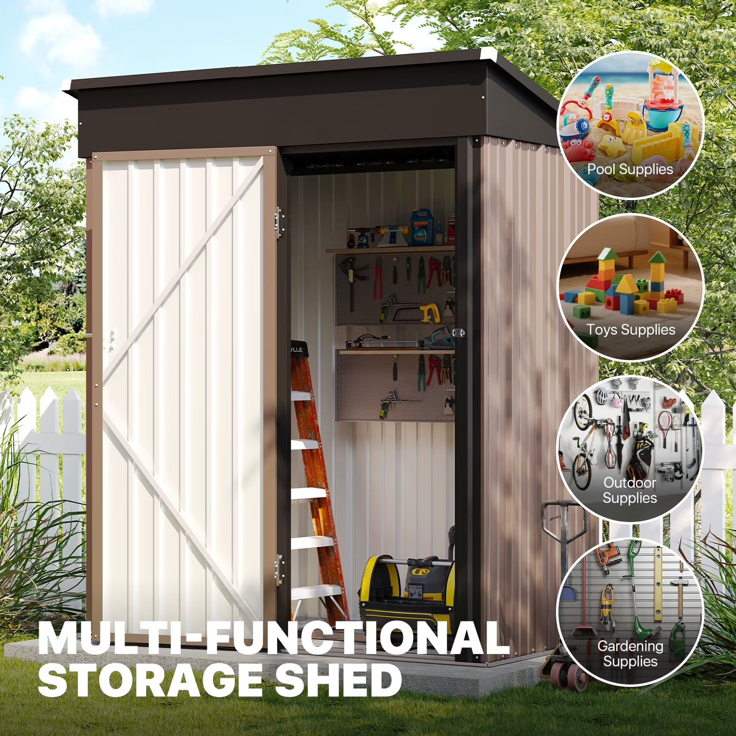 Clouddwell 5x3 ft. Metal Storage Shed with Base, Galvanized Steel Outdoor Garden Shed (Brown)