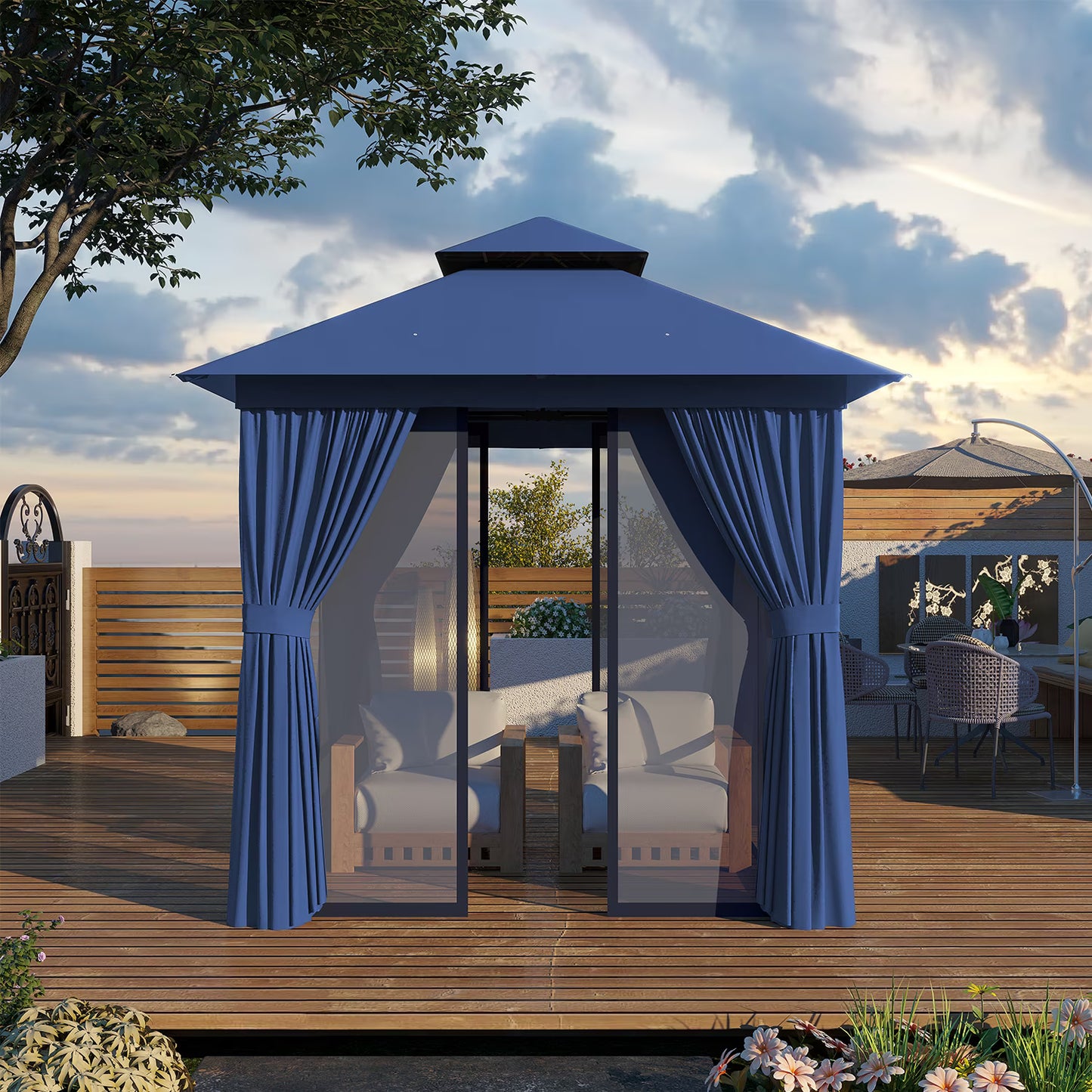 Sunmthink Outdoor Gazebo for Patio 8'x8', Metal Frame Canopy with Double Roofs, Heavy Duty Party Tent and Shelter with Mosquito Netting and Privacy Screen for Backyard,Garden,Deck (Blue)