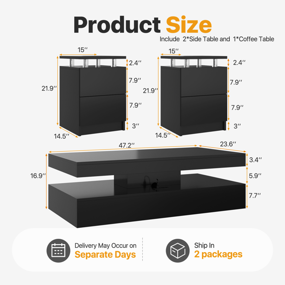 Sonegra 3-Piece Living Room Coffee Table Set, Including A Modern Coffee Table and 2 LED End Tables with Storage Drawers, Black