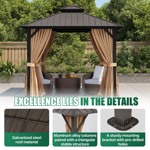 Clouddwell 10' x 10' Gazebo for Patio, Gazebo Pergola with Sloped Roof, Large Wall-Mounted Heavy Duty Awnings, for Deck, Patio and Backyard,Brown