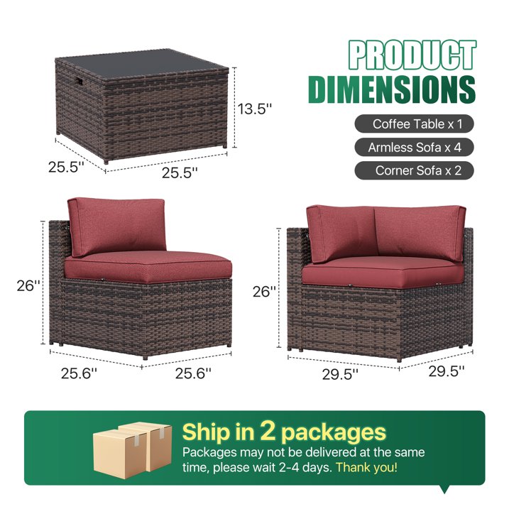 Clouddwell 7 Piece Patio Furniture Set Wicker Rattan Patio Conversation Set Outdoor Sectional Sofa Set with Coffee Table and Black Cushions(Waterproof Cover Included)