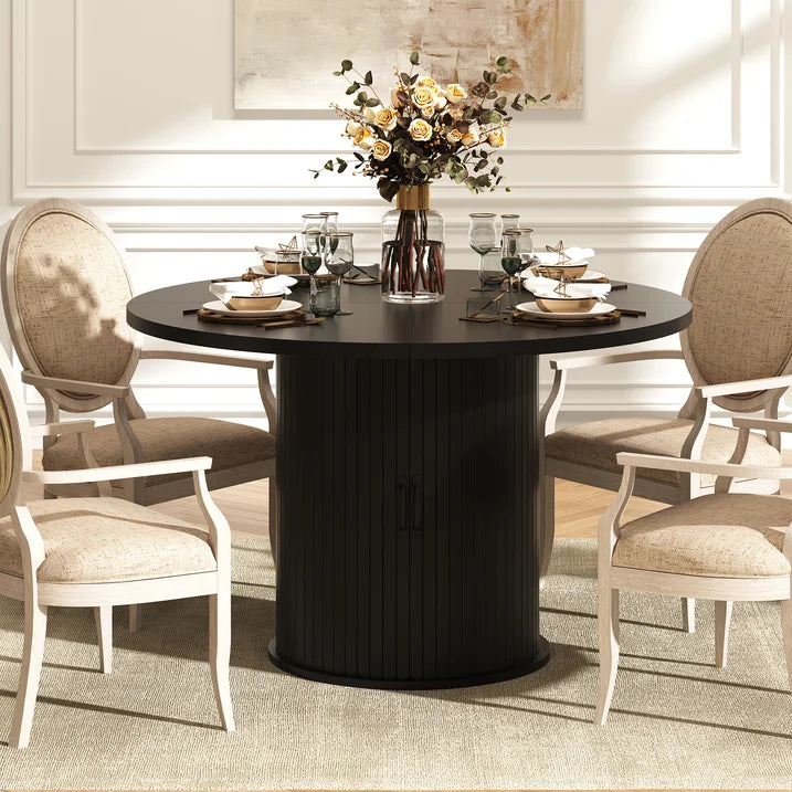 Sonegra 47-inch Round Dining Table with Storage, Modern Fluted Circle Kitchen Table with 2-Layer Storage and Sliding Door, for Kitchen Living Room, Black