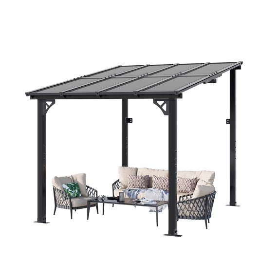 Clouddwell 8'x 10' Wall-Mounted Gazebo Pergola with Aluminum Top Frame & Polycarbonate Panel, Large Heavy-Duty Awnings for Backyard Gray