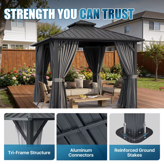 Sunmthink 10' x 10' Hardtop Gazebo with Mosquite Netting, Double Metal Roof for Lawn and Garden, Gray