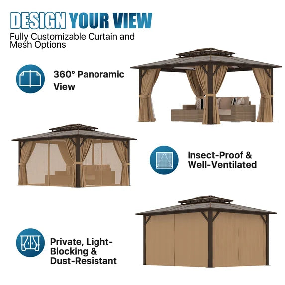 Sunmthink 12' x 14' Hardtop Gazebo,Polycarbonate Double Roof,Aluminum Frame with Curtains and Netting for Patio,Garden,Brown