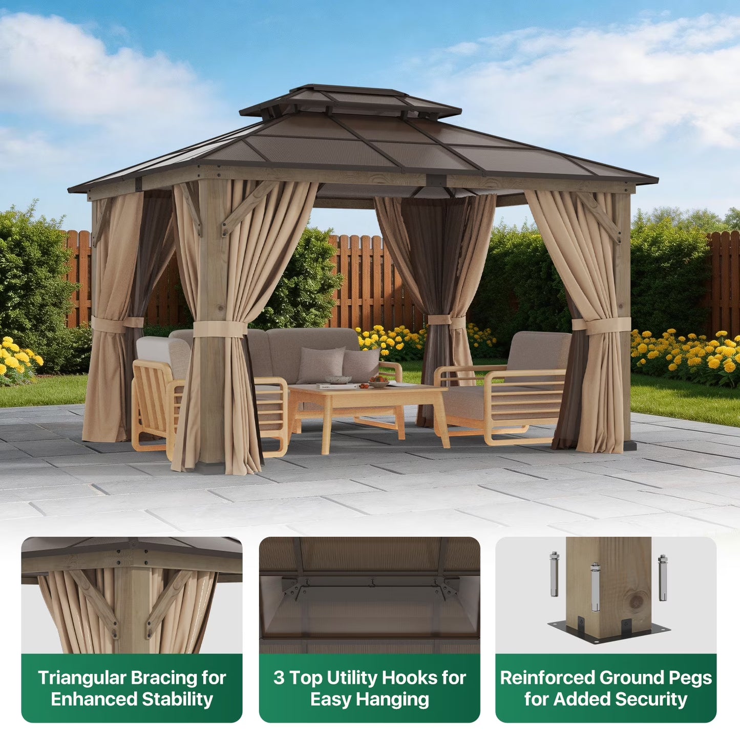 Clouddwell 20'*12' Wood Gazebo,with Double-Layer Galvanized Steel Roof,Suitable for Backyard,Desk,and Lawn