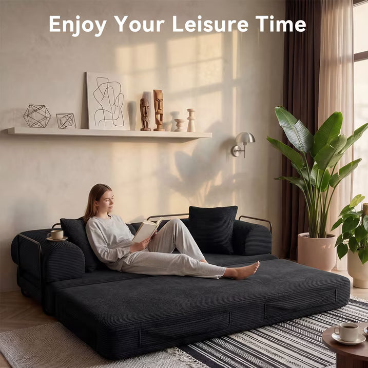 LazySunsets Sofa Bed Convertible Boneless Couch Corduroy Modular Couch Bed with Fixed-Shape Frame & Removable Armrests for Living Room, Bedroom Black