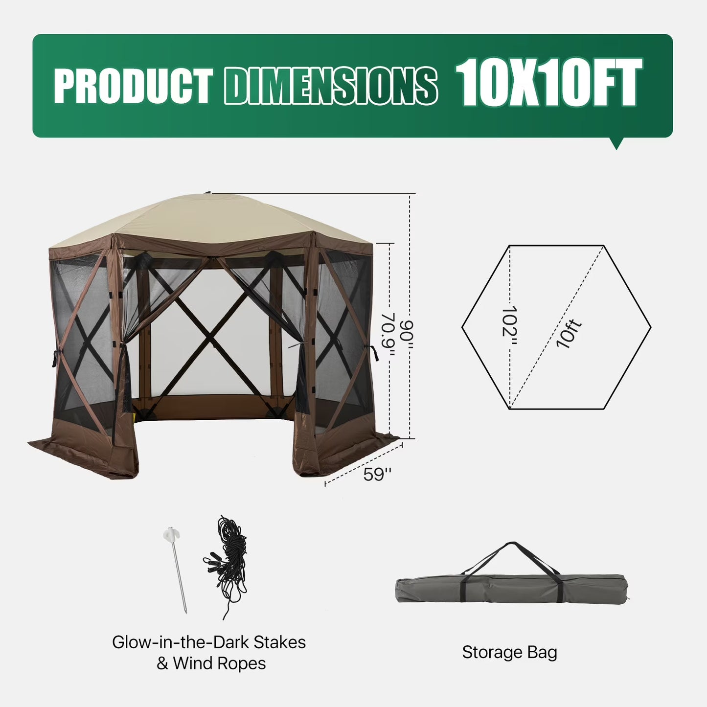 Clouddwell 10x10 FT Outdoor Pop-up Gazebo Tent, 6-Sided Screen Room with Waterproof UV-Blocking Canopy, Includes Carry Bag, Stakes & Ropes, Brown