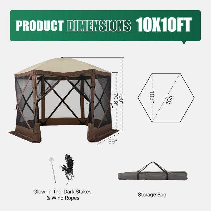 Clouddwell 10x10 FT Outdoor Pop-up Gazebo Tent, 6-Sided Screen Room with Waterproof UV-Blocking Canopy, Includes Carry Bag, Stakes & Ropes, Brown