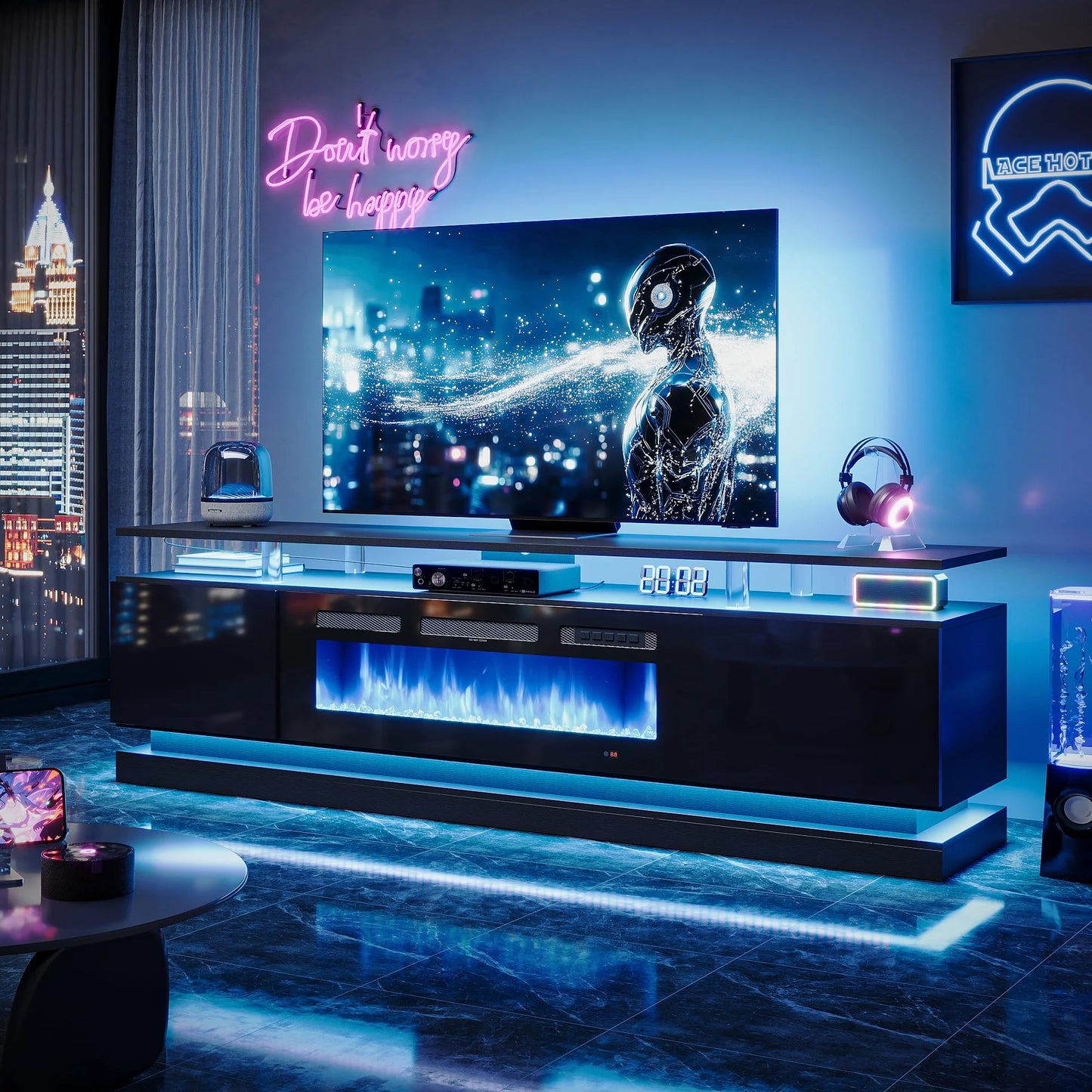 Sunmthink 70" Fireplace TV Stand, Modern Entertainment Center for TVs Up to 80”, TV Console with Storage Cabinets, Media Console for Living Room, Black