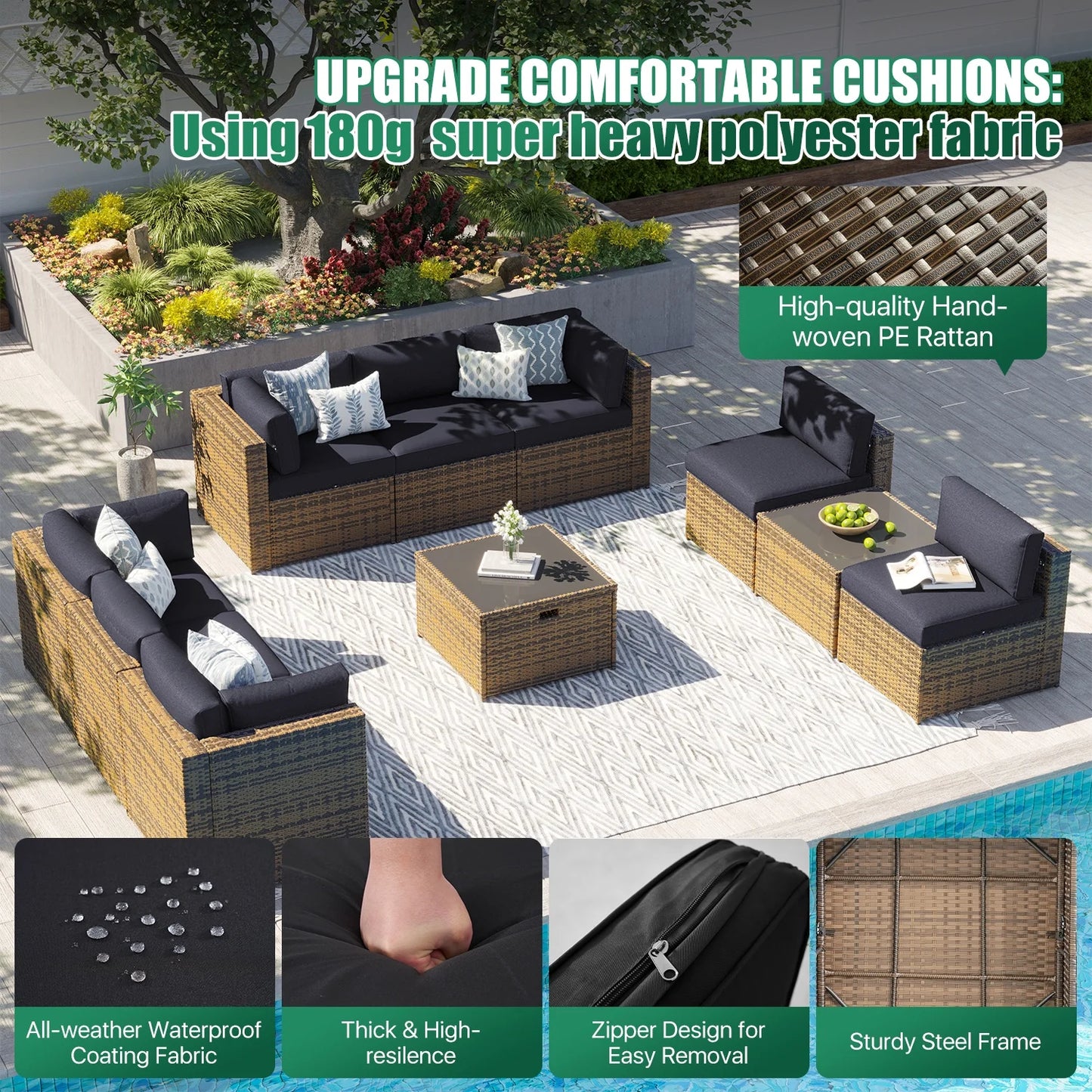 Clouddwell 10 Piece Patio Furniture Set Wicker Rattan Patio Conversation Set Outdoor Sectional Sofa Set with Coffee Table and Black Cushions(Waterproof Cover Included)