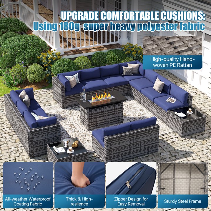 Sunmthink Patio Furniture Sets, 15-Piece Outdoor Patio Furniture with 44'' Propane Gas Firepit Table, Wicker Outdoor Conversation Set and Waterproof Cover for Backyard, Poolside, Garden