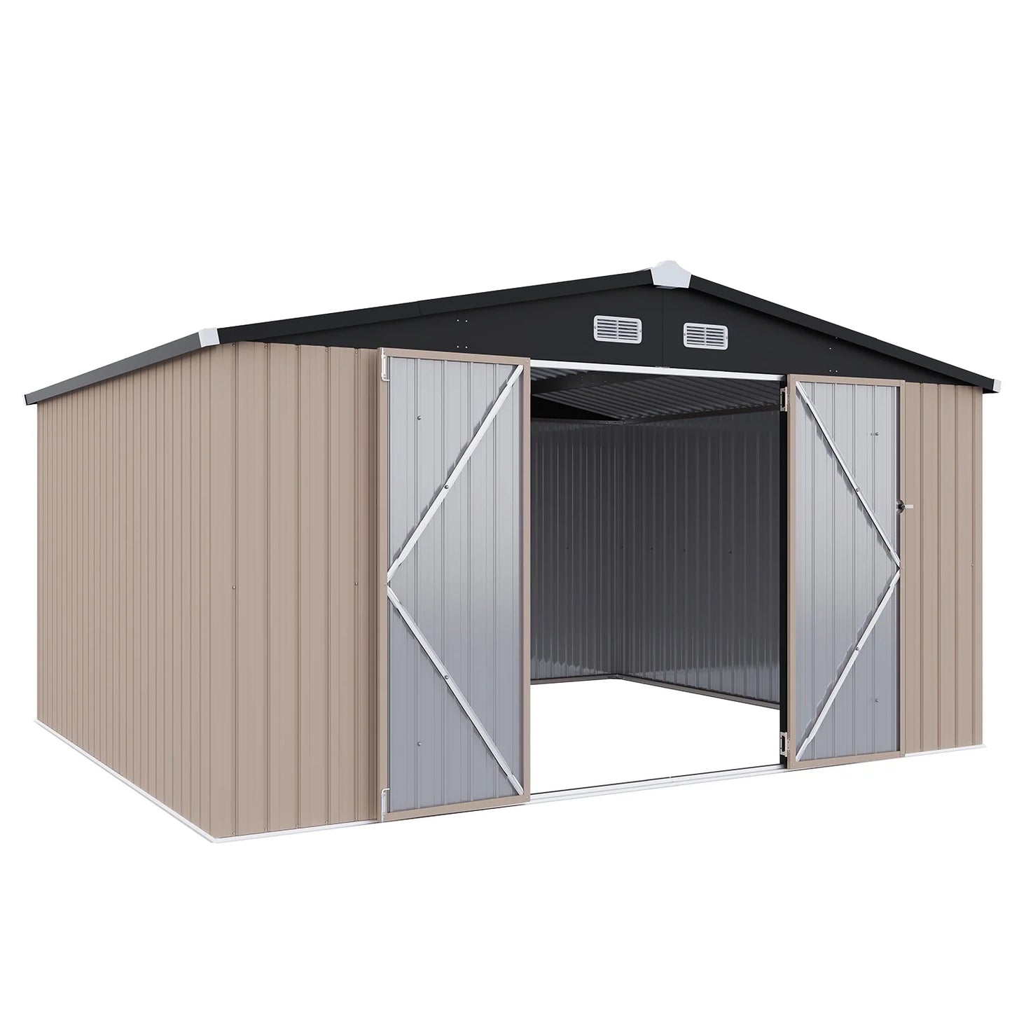 Clouddwell 12x10 ft. Metal Storage Shed, Waterproof Steel Garden Shed with Lock, Brown