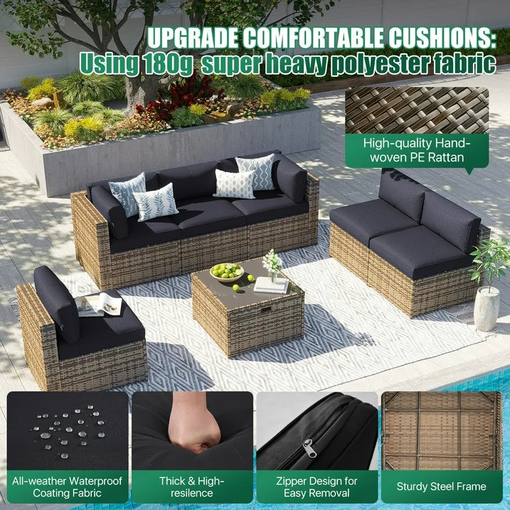Clouddwell 8 Piece Patio Furniture Set with 44” Fire Pit Table Wicker Rattan Patio Conversation Set Outdoor Sectional Sofa Set with Coffee Table and Black Cushions(Waterproof Cover Included)