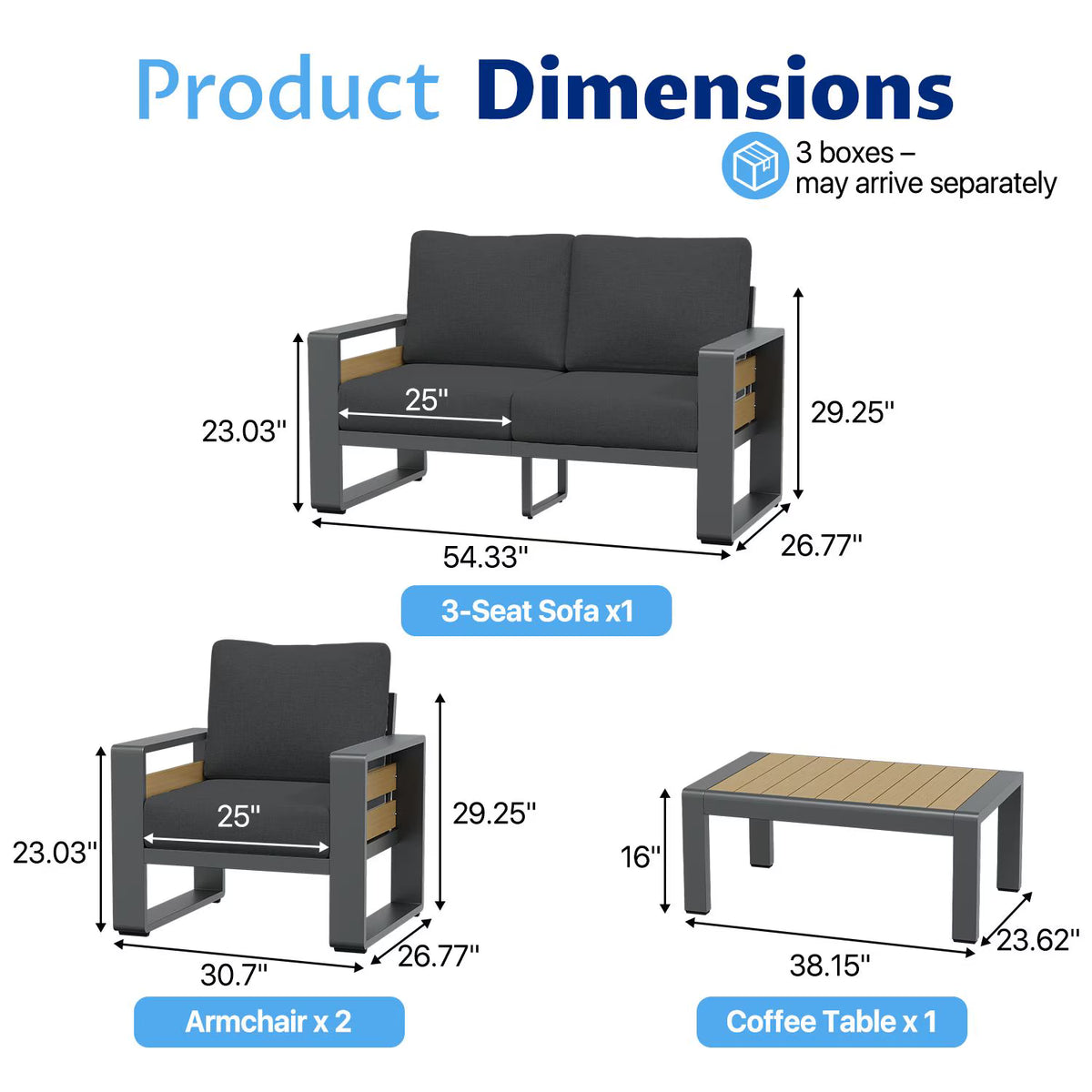 LazySunsets 4 Piece Aluminum Patio Furniture Set, 4-Seat Luxury Outdoor Sectional with 6" Olefin Fabric Cushions, Dark Grey