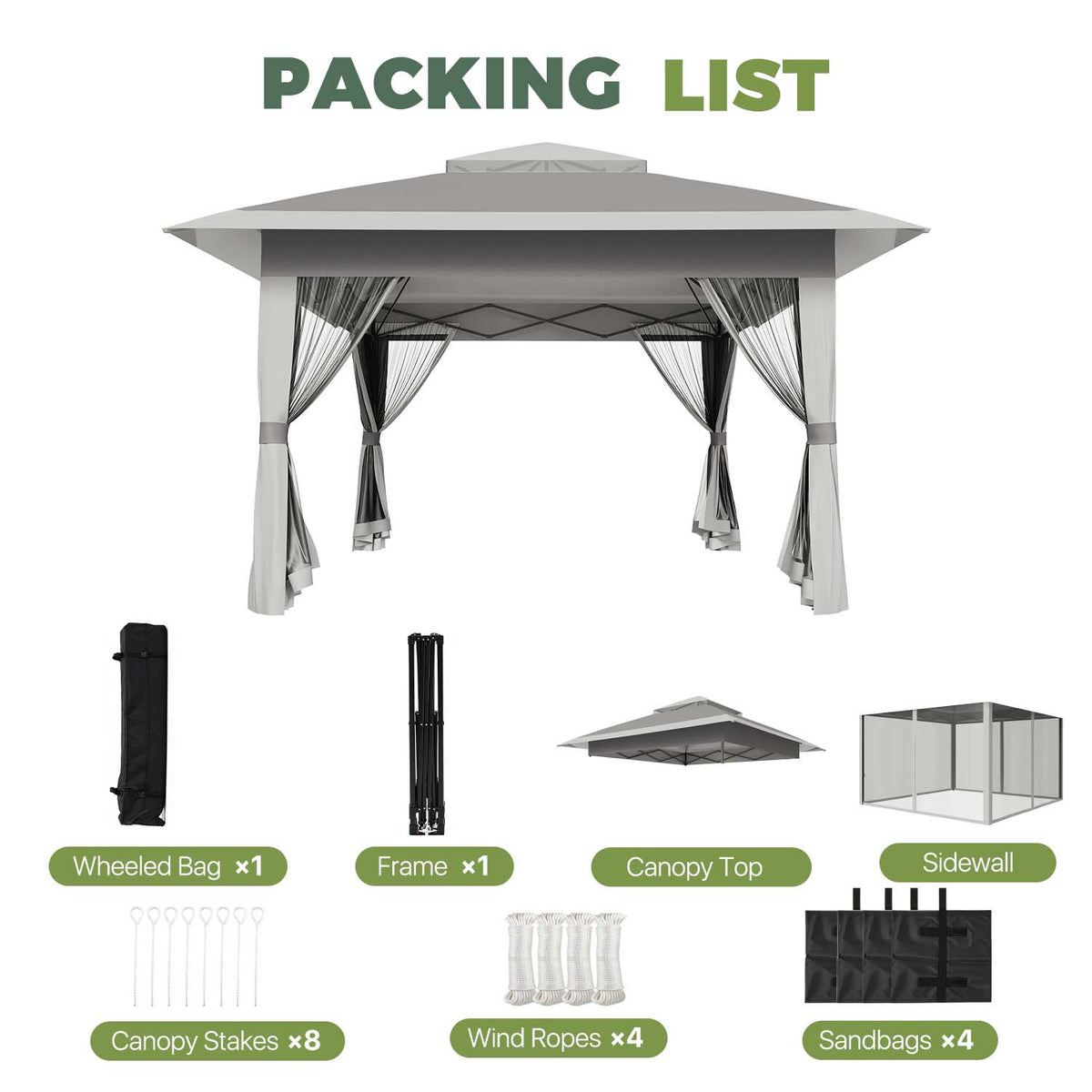 Dateyes 13x13 FT Pop Up Gazebo, Outdoor Gazebo Canopy with Mosquito Netting, 3 Adjustable Heights, Portable Patio Gazebo Tent for Backyard, Patio, Gray