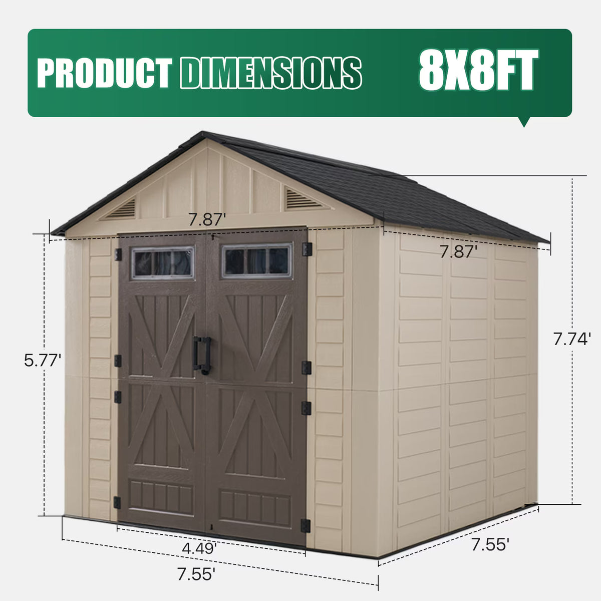Clouddwell 8x8 FT Outdoor Storage Shed with Floor, HDPE Resin Garden Storage House with Double Doors, Windows & Ventilation, Heavy Duty Backyard Tool Shed for Lawn Equipment and Garden Supplies